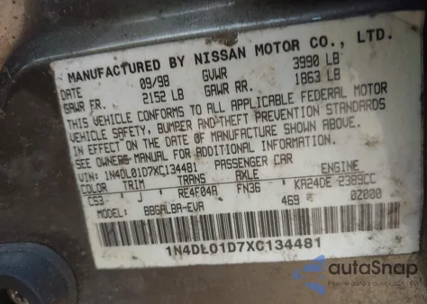 1999 Nissan Altima Xe/Gxe/Se/Gle z USA, uszkodzony, nr VIN 1N4DL01D7XC134481